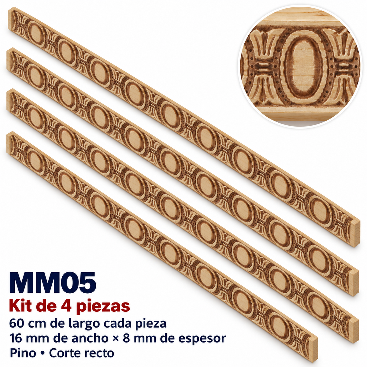 Moldura de madera grabada para mueble MM-05 – Kit de 4 piezas