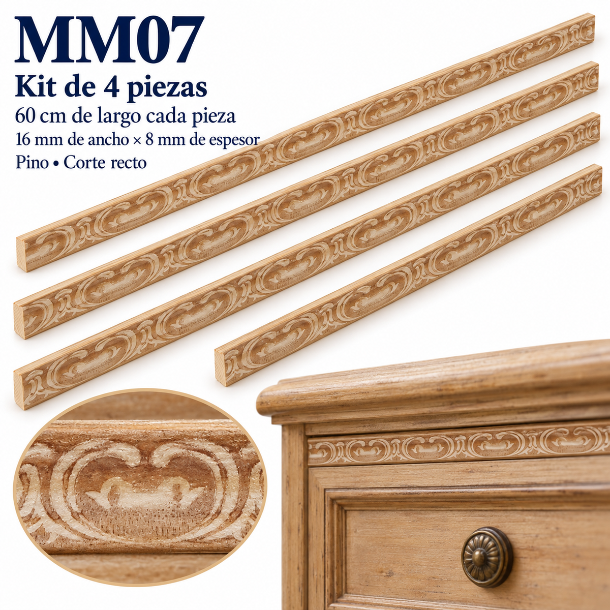 Moldura de madera grabada para mueble MM-07 – Kit de 4 piezas