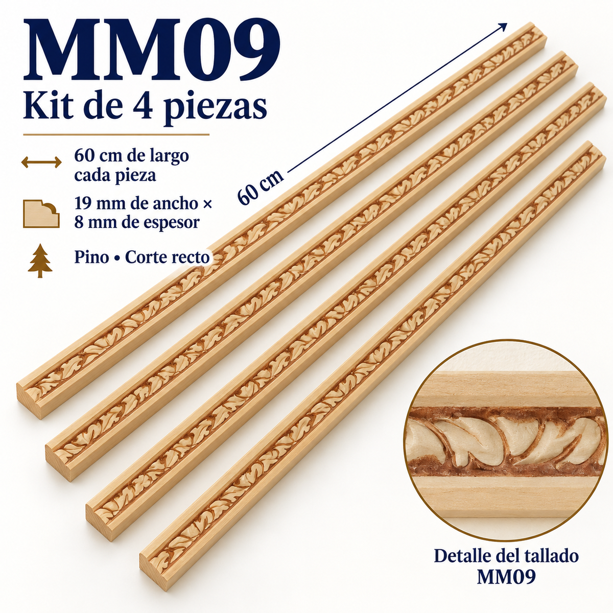 Moldura de madera grabada para mueble MM-09 – Kit de 4 piezas