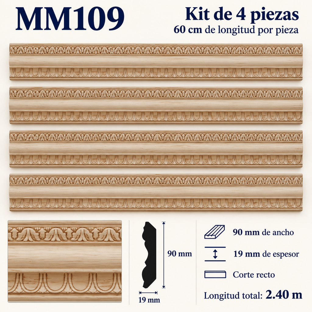 Moldura de madera grabada para mueble MM-108 – Kit de 4 piezas