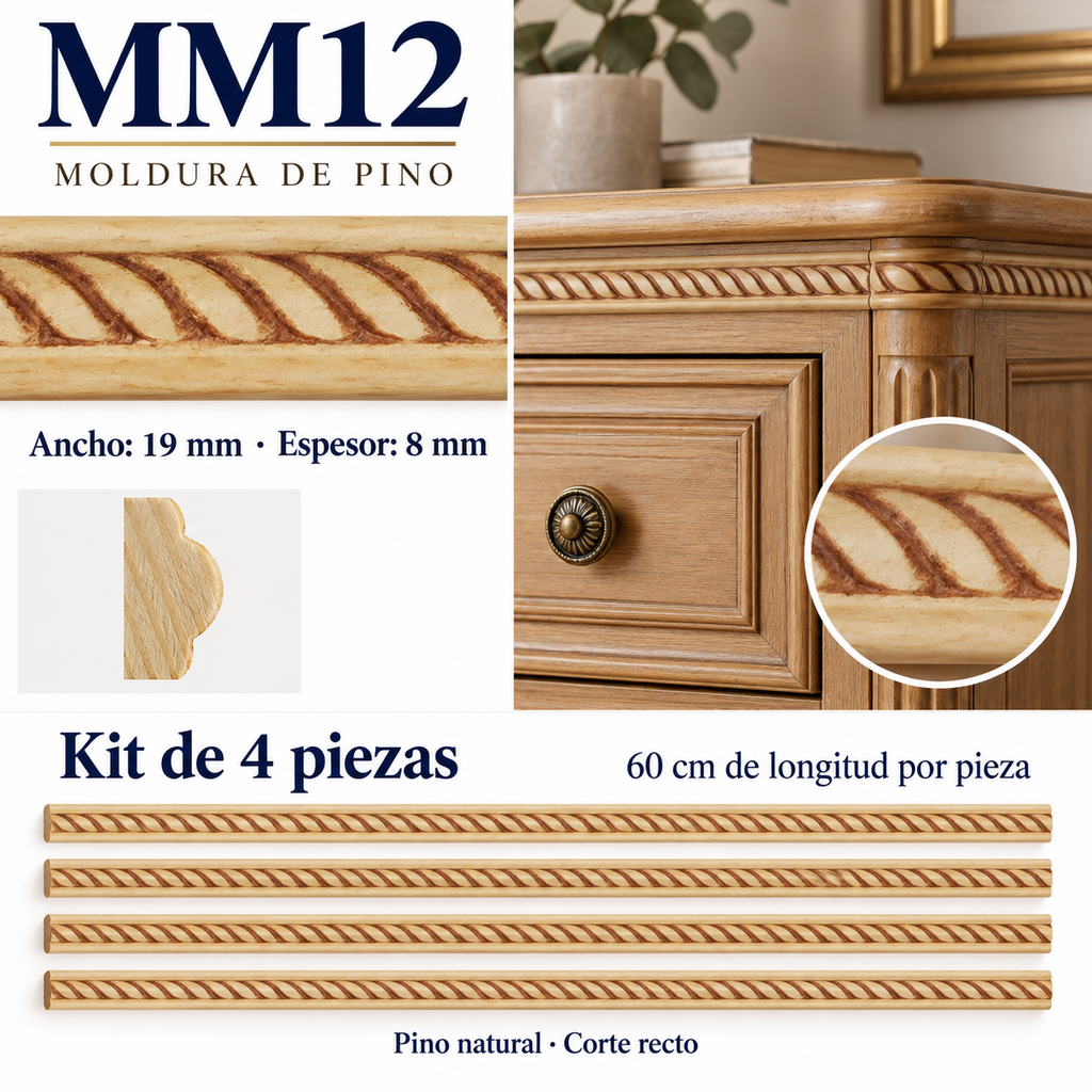 Moldura de madera grabada para mueble MM-12 – Kit de 4 piezas