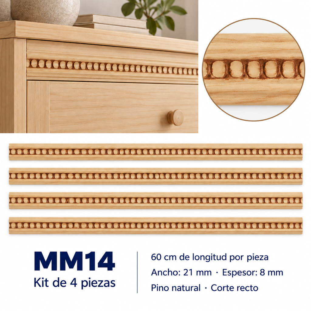 Moldura de madera grabada para mueble MM-14 – Kit de 4 piezas