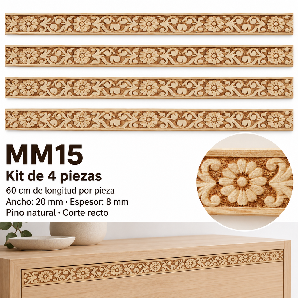 Moldura de madera grabada para mueble MM-15 – Kit de 4 piezas