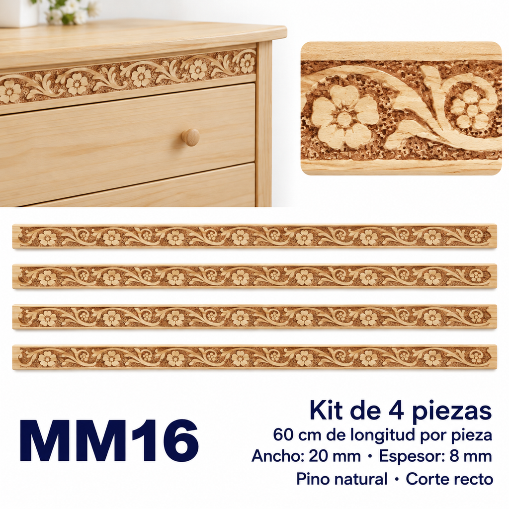 Moldura de madera grabada para mueble MM-16 – Kit de 4 piezas