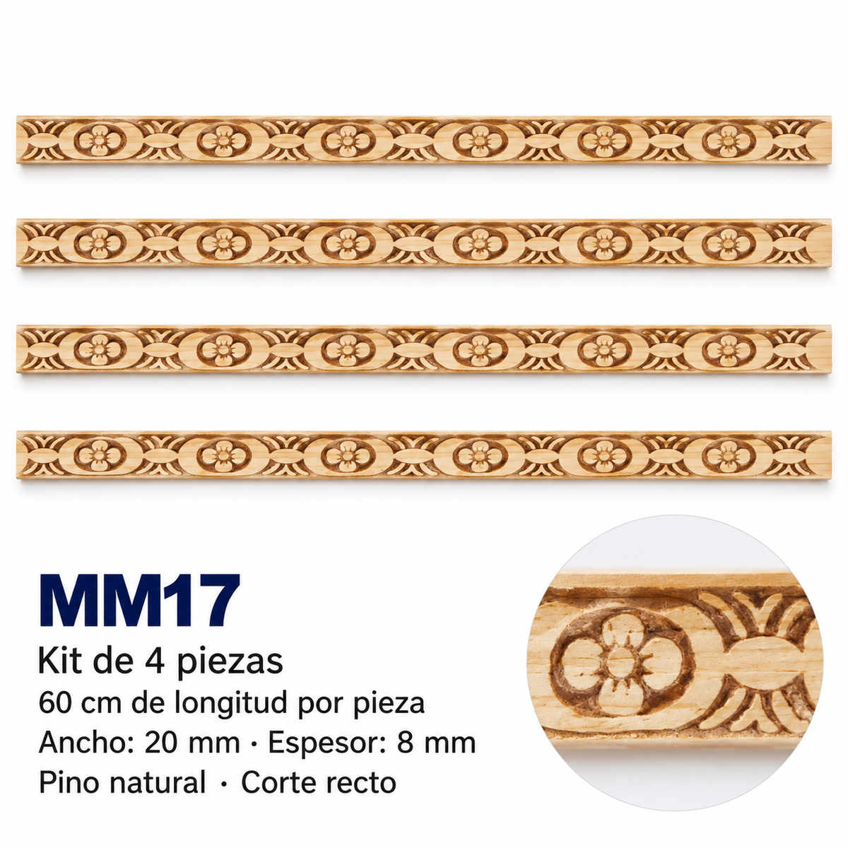 Moldura de madera grabada para mueble MM-17 – Kit de 4 piezas