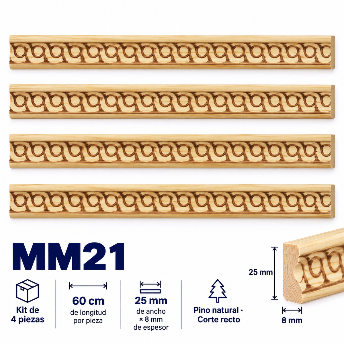 Moldura de madera grabada para mueble MM-21 – Kit de 4 piezas