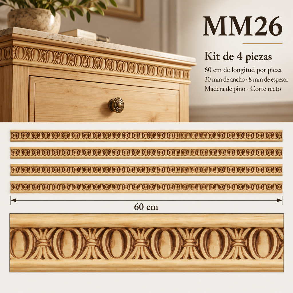Moldura de madera grabada para mueble MM-26 – Kit de 4 piezas