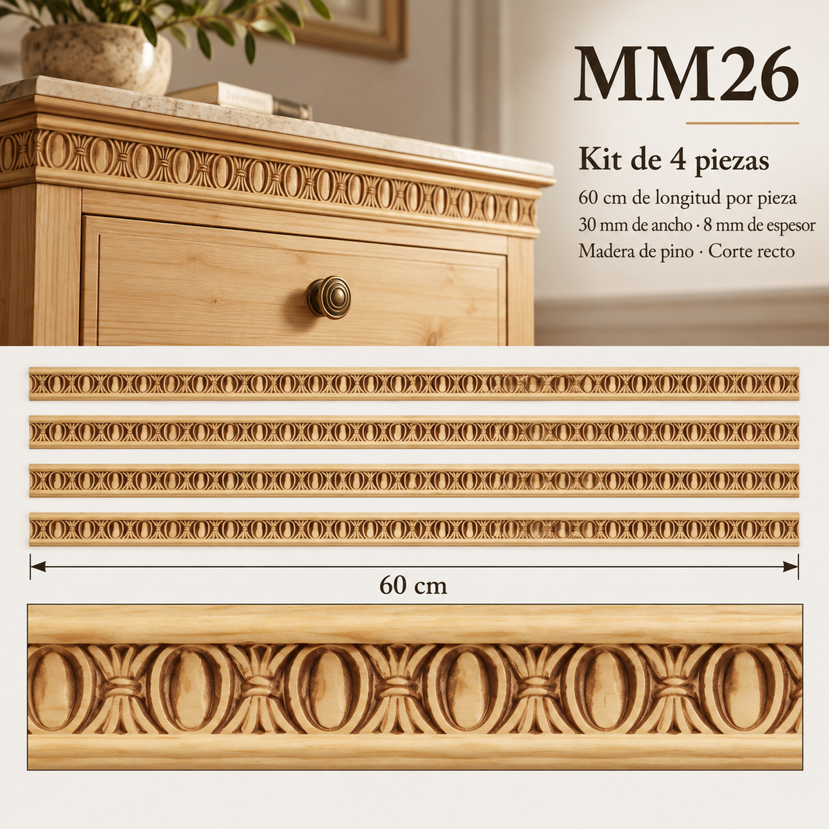 Moldura de madera grabada para mueble MM-26 – Kit de 4 piezas