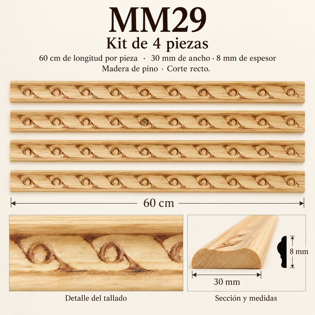 Moldura de madera grabada para mueble MM-29 – Kit de 4 piezas