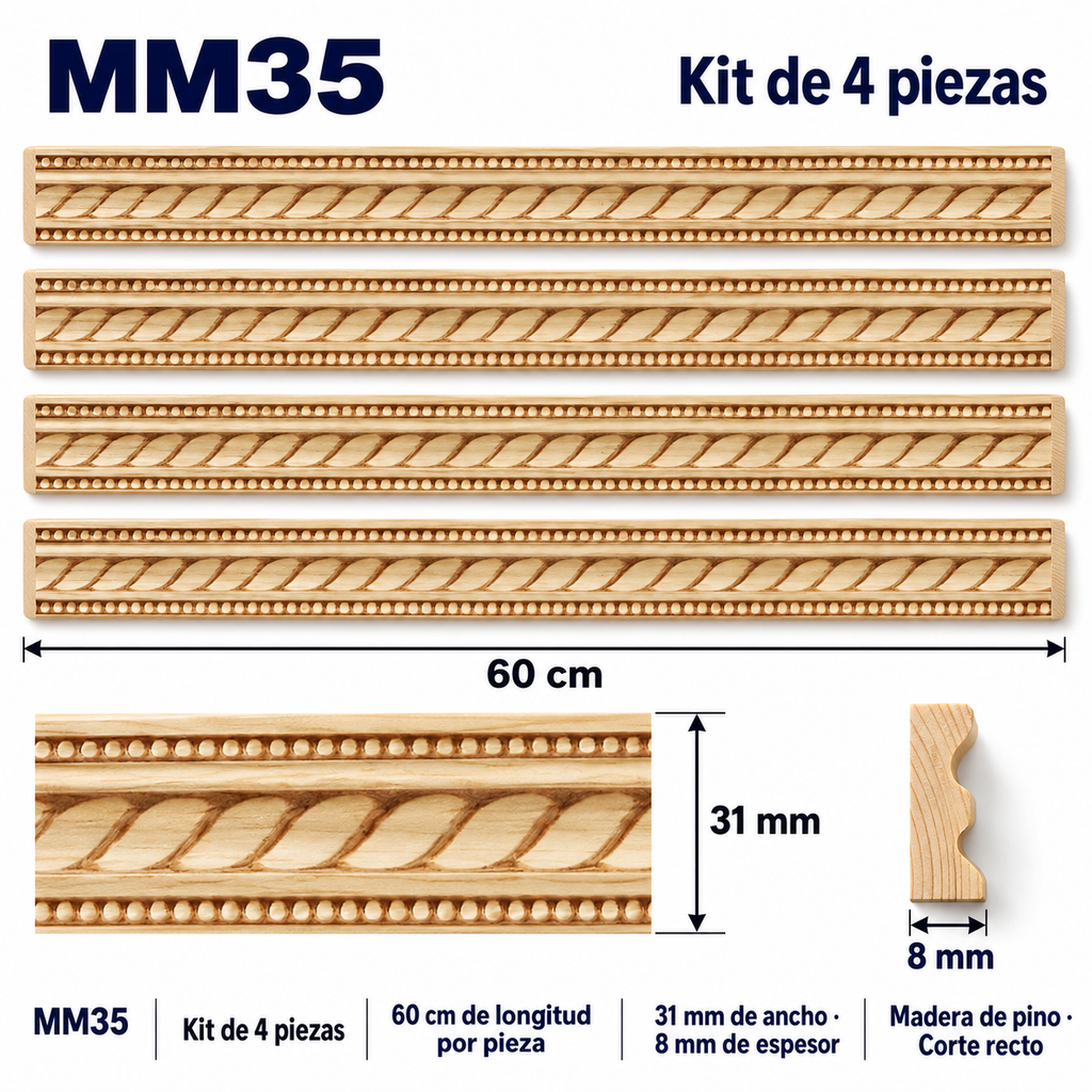 Moldura de madera grabada para mueble MM-35 – Kit de 4 piezas