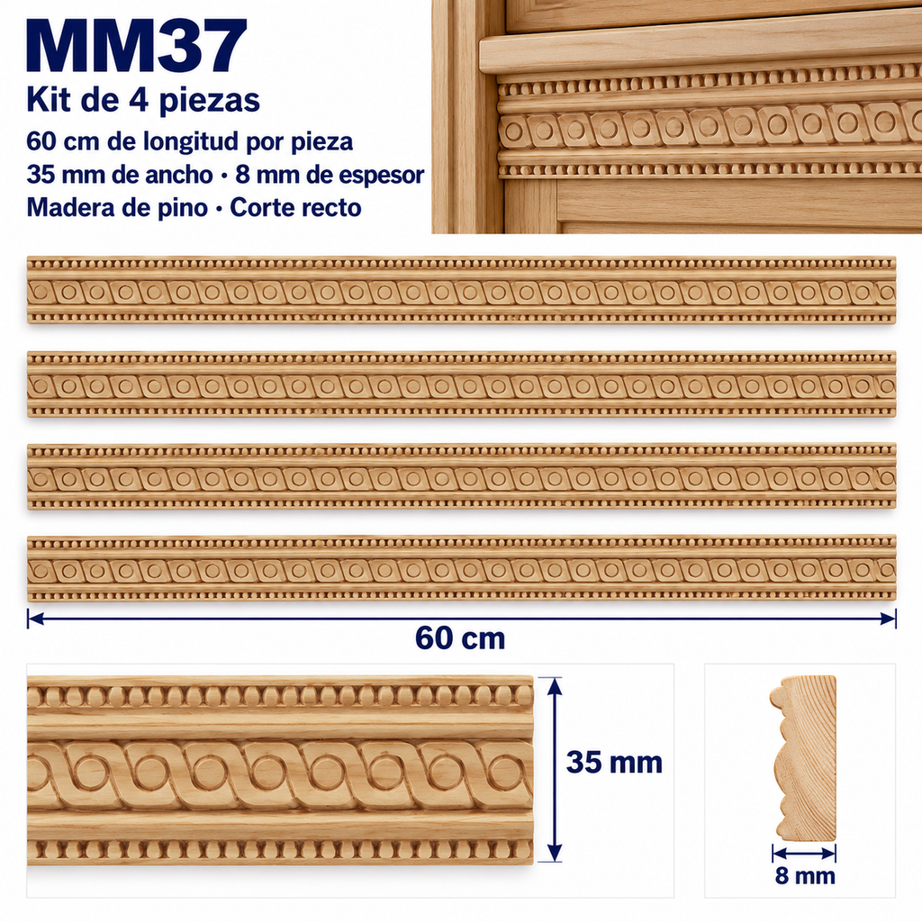 Moldura de madera grabada para mueble MM-37 – Kit de 4 piezas