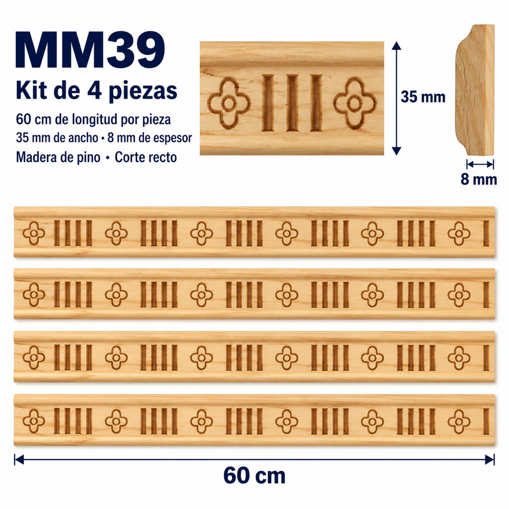 Moldura de madera grabada para mueble MM-39 – Kit de 4 piezas