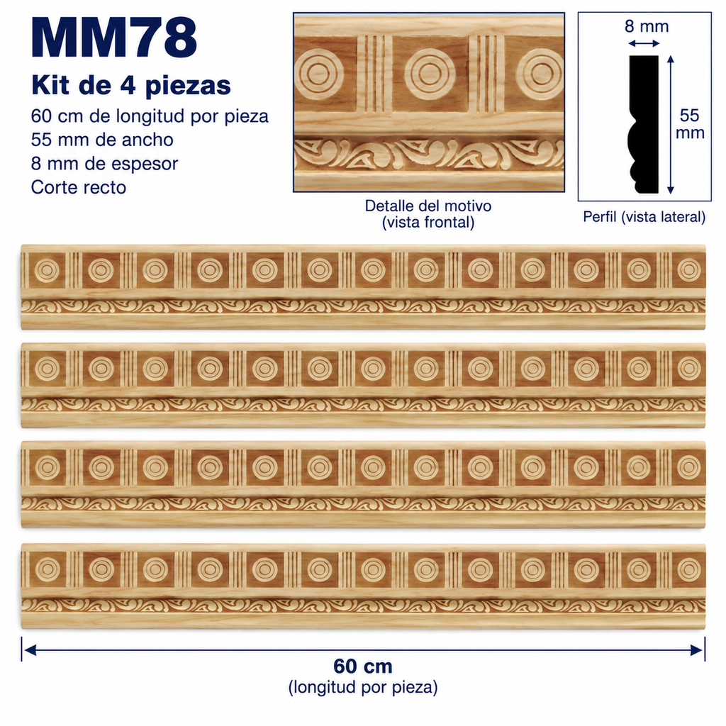 Moldura de madera grabada para mueble MM-78 – Kit de 4 piezas