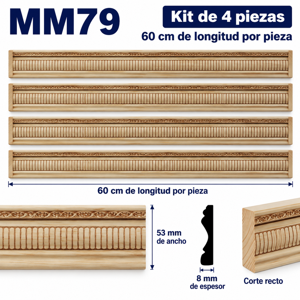 Moldura de madera grabada para mueble MM-79 – Kit de 4 piezas