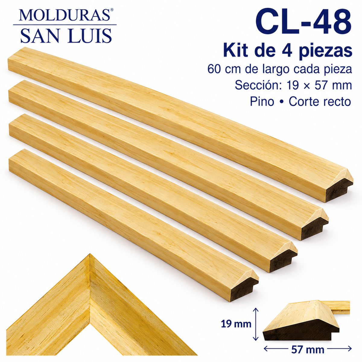 Moldura de madera lisa para marco CL48 – Kit de 4 piezas
