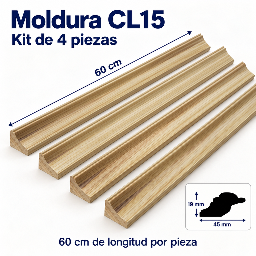 Moldura de madera lisa para marco CL15 – Kit de 4 piezas