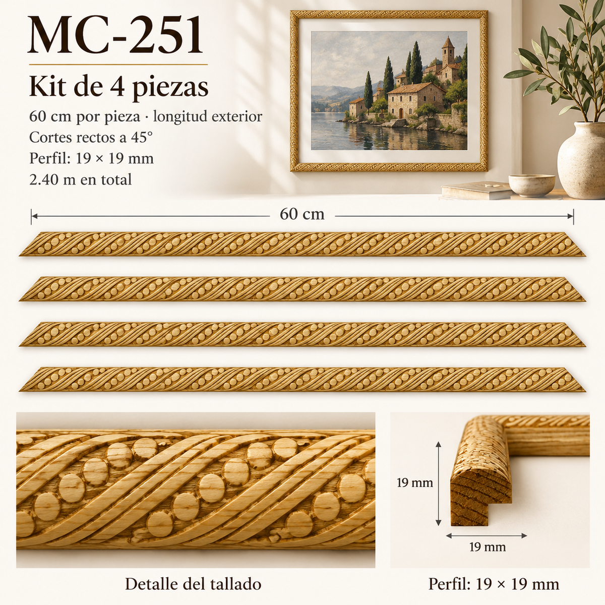 Moldura de madera grabada para marco MC251 – Kit de  piezas