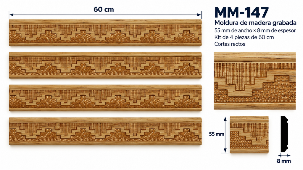 Moldura de madera grabada para mueble MM-147 – Kit de 4 piezas