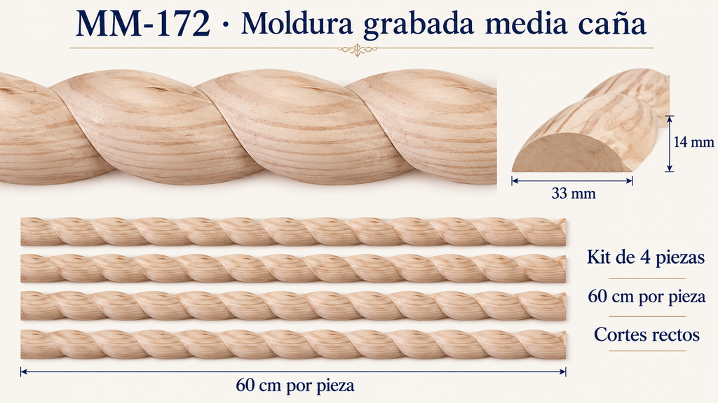 Kit 8 Molduras Media Caña Grabadas MM-172 de Madera | 55 cm c/u | Pino Natural