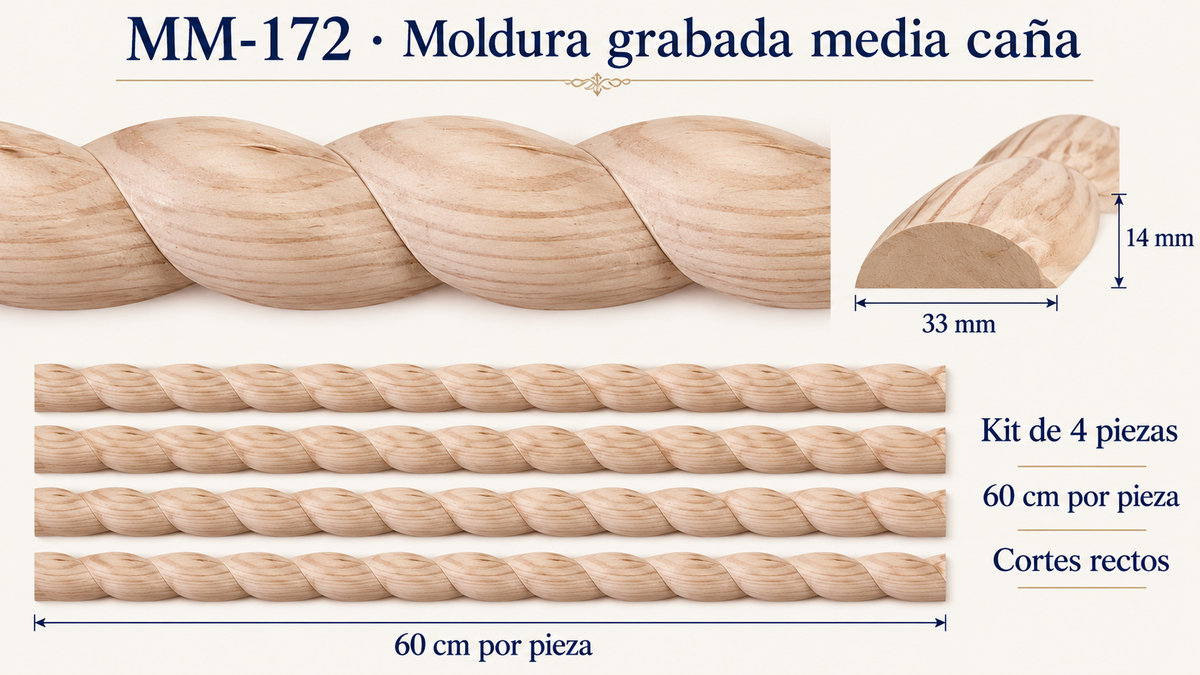 Kit 8 Molduras Media Caña Grabadas MM-172 de Madera | 55 cm c/u | Pino Natural