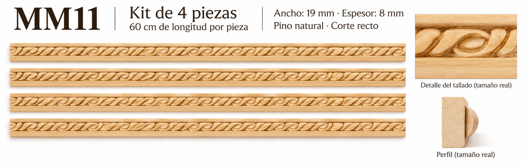 Moldura de madera grabada para mueble MM-11 – Kit de 4 piezas