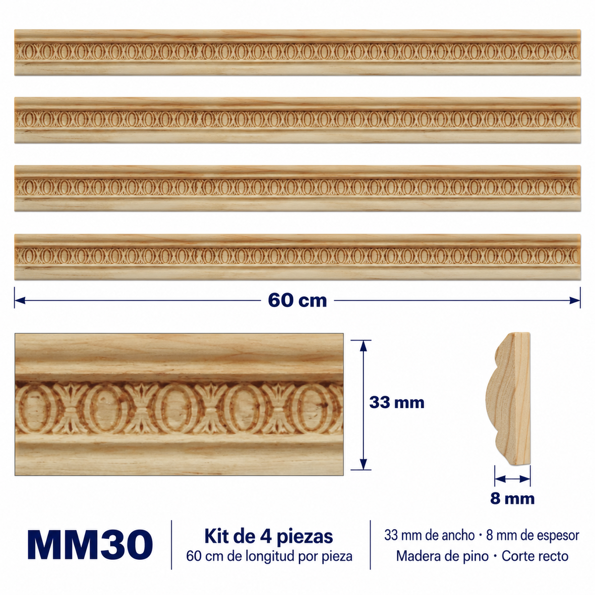 Moldura de madera grabada para mueble MM-30 – Kit de 4 piezas