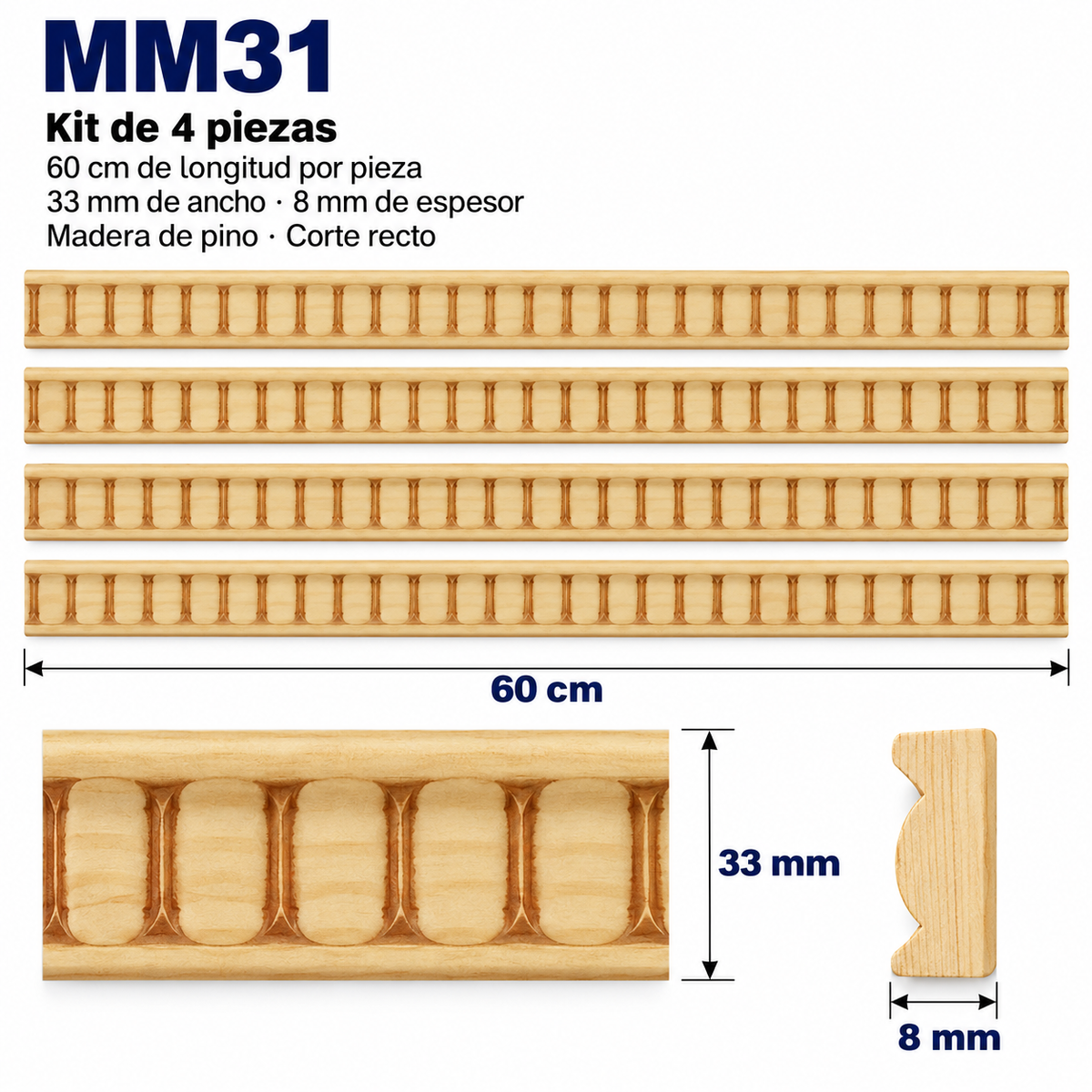 Moldura de madera grabada para mueble MM-31 – Kit de 4 piezas