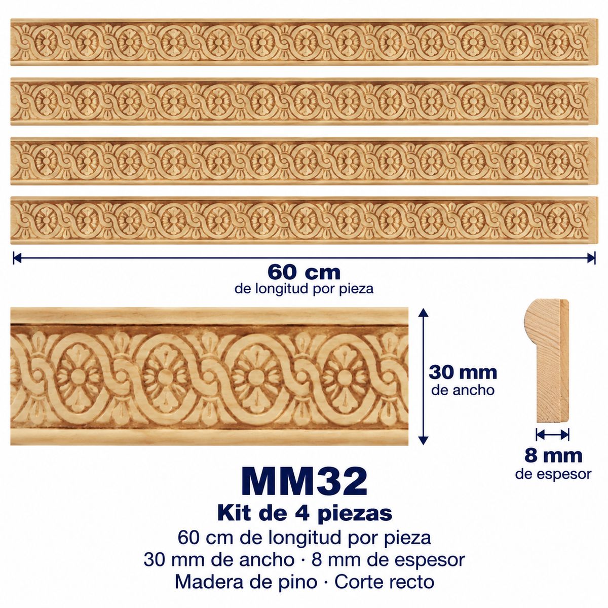 Moldura de madera grabada para mueble MM-32 – Kit de 4 piezas