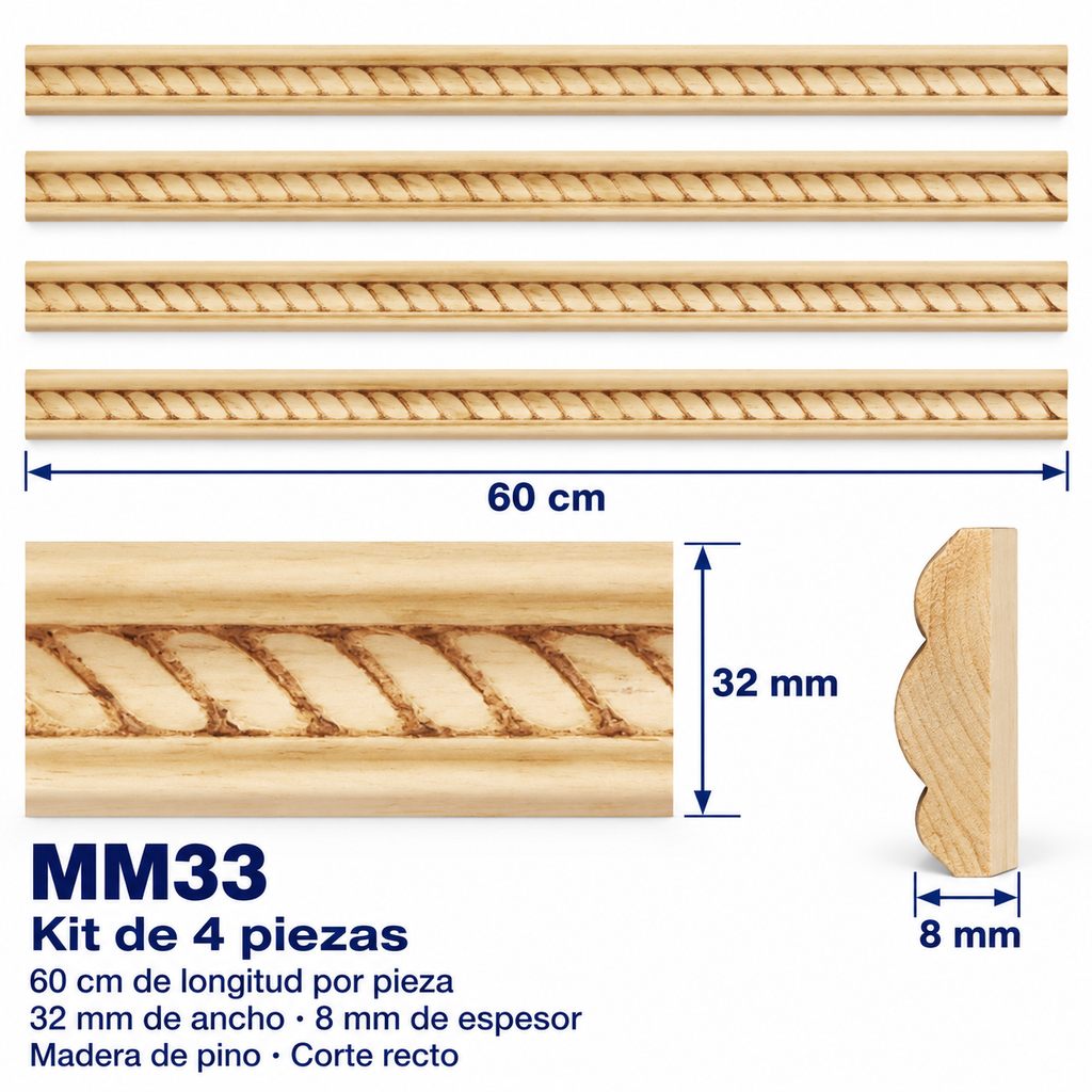 Moldura de madera grabada para mueble MM-33 – Kit de 4 piezas