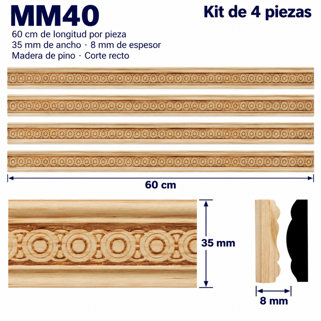 Moldura de madera grabada para mueble MM-40 – Kit de 4 piezas