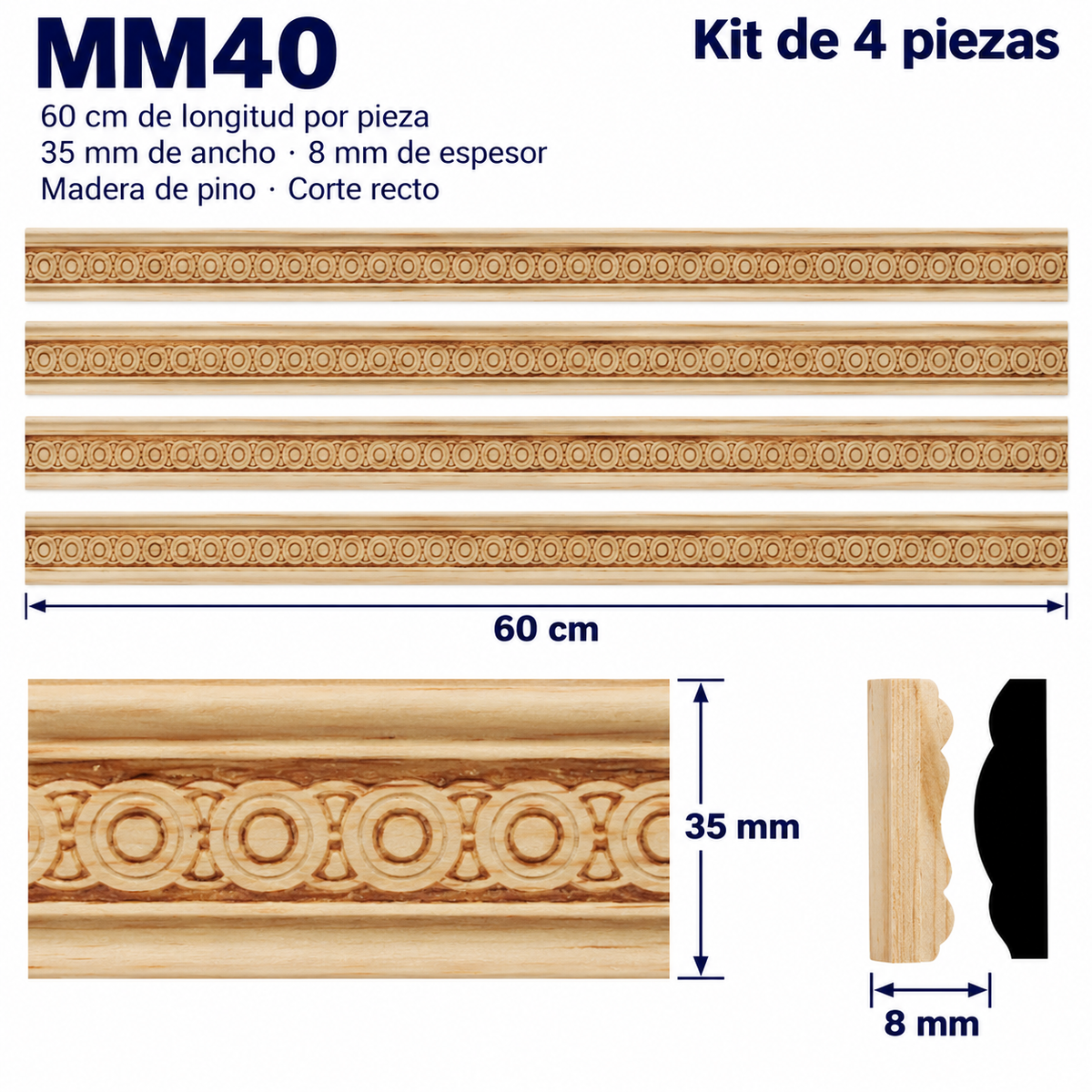 Moldura de madera grabada para mueble MM-40 – Kit de 4 piezas