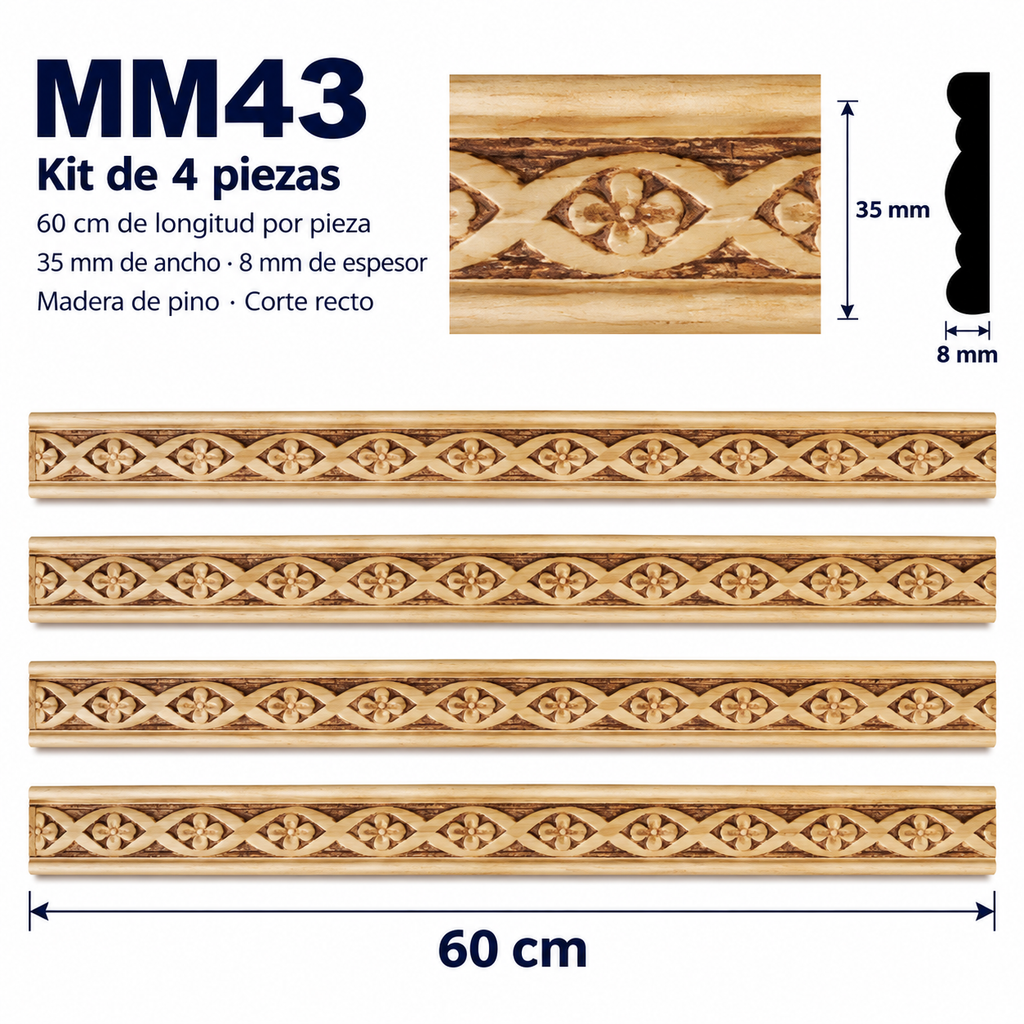 Moldura de madera grabada para mueble MM-43 – Kit de 4 piezas