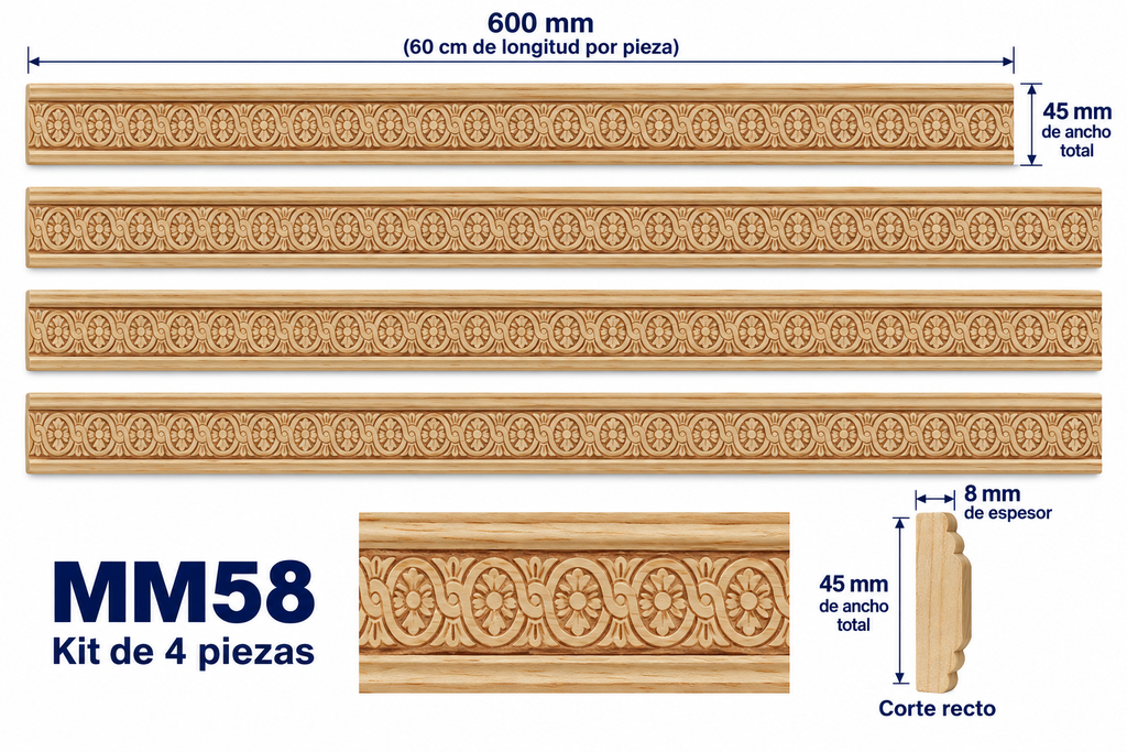 Moldura de madera grabada para mueble MM-58 –Kit de 4 piezas