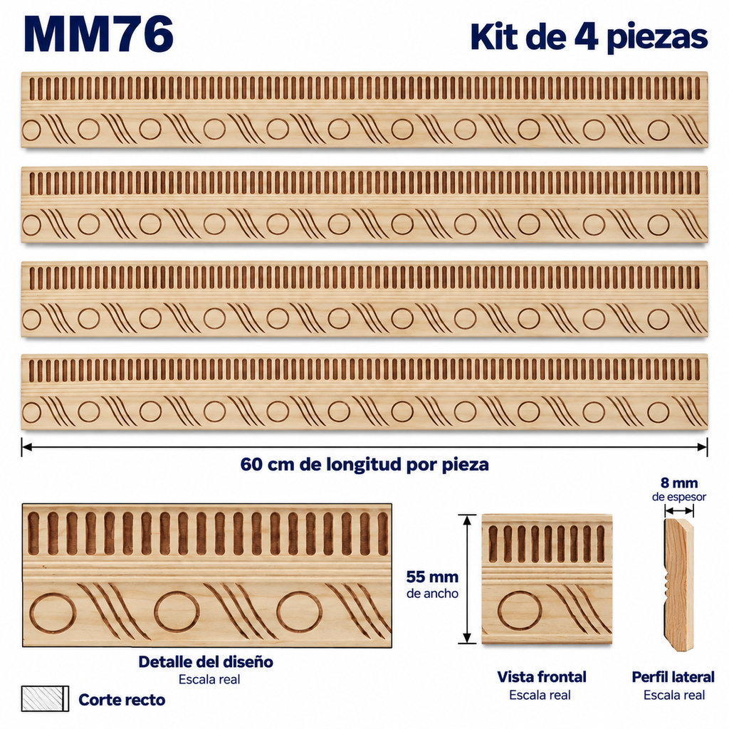 Moldura de madera grabada para mueble MM-76 – Kit de 4 piezas