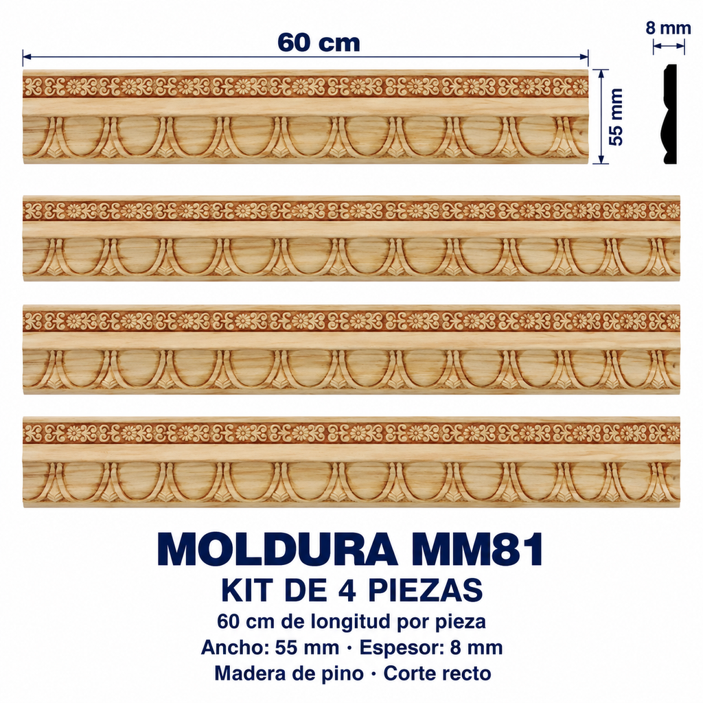 Moldura de madera grabada para mueble MM-81 – Kit de 4 piezas