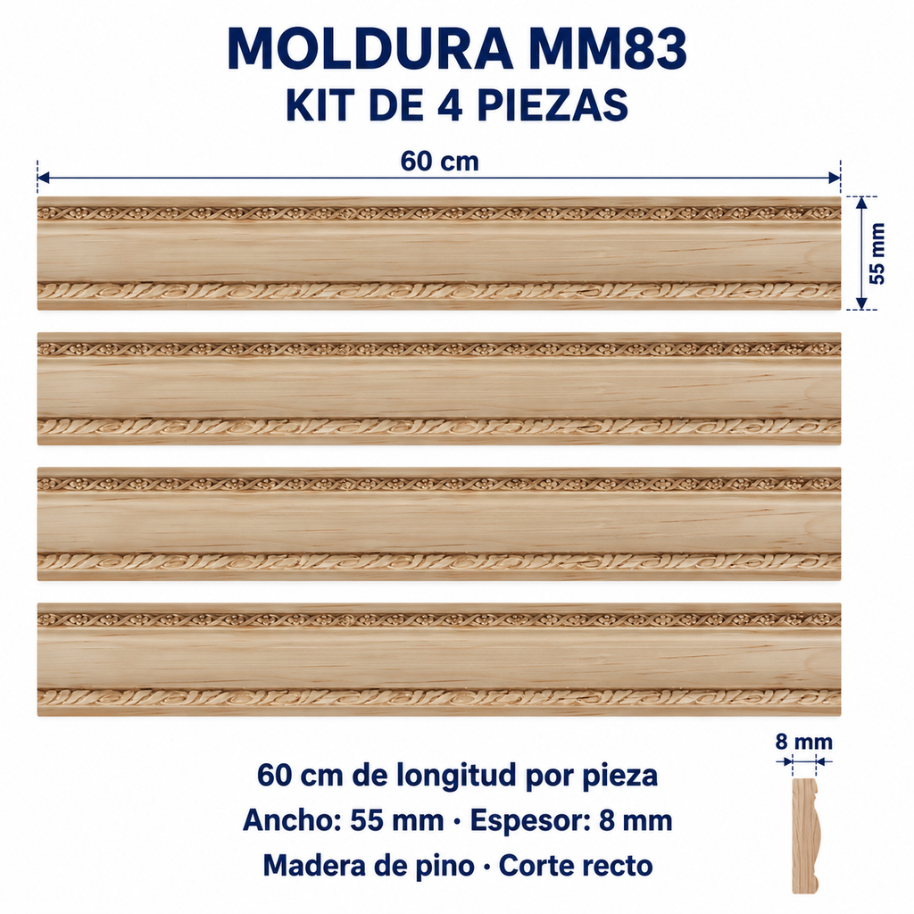 Moldura de madera grabada para mueble MM-83 – Kit de 4 piezas