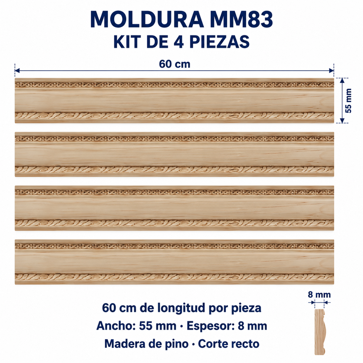 Moldura de madera grabada para mueble MM-83 – Kit de 4 piezas