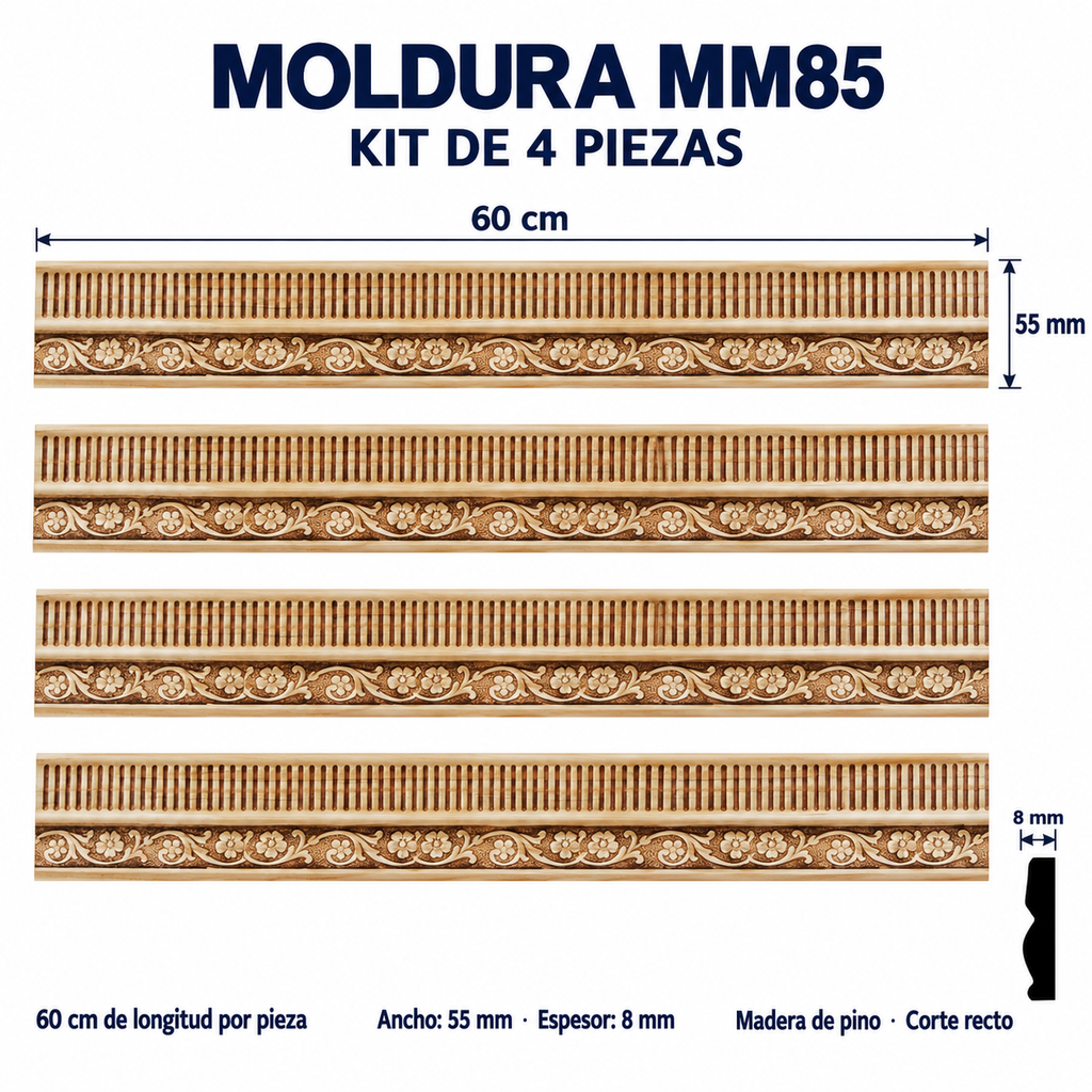 Moldura de madera grabada para mueble MM-85 – Kit de 4 piezas