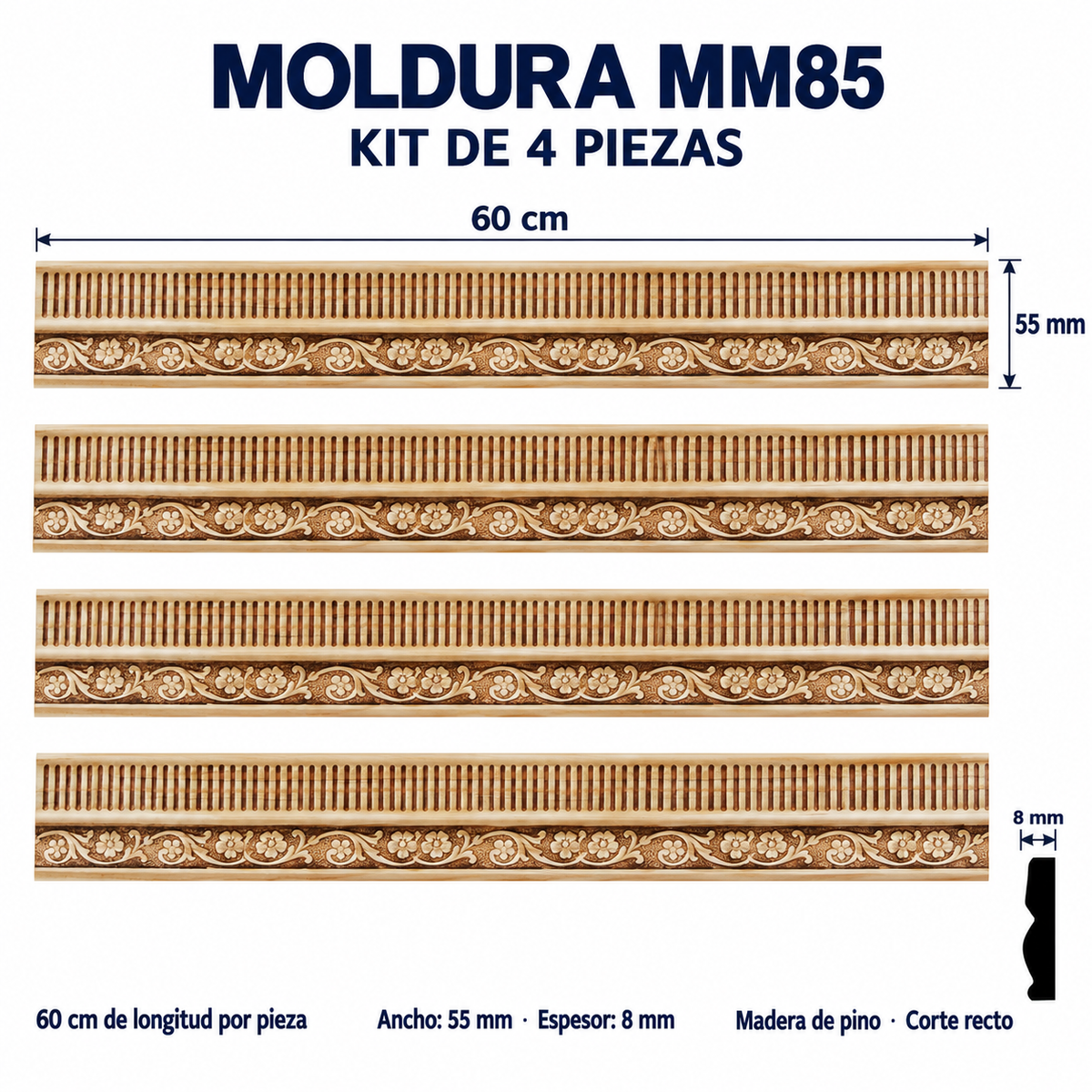 Moldura de madera grabada para mueble MM-85 – Kit de 4 piezas