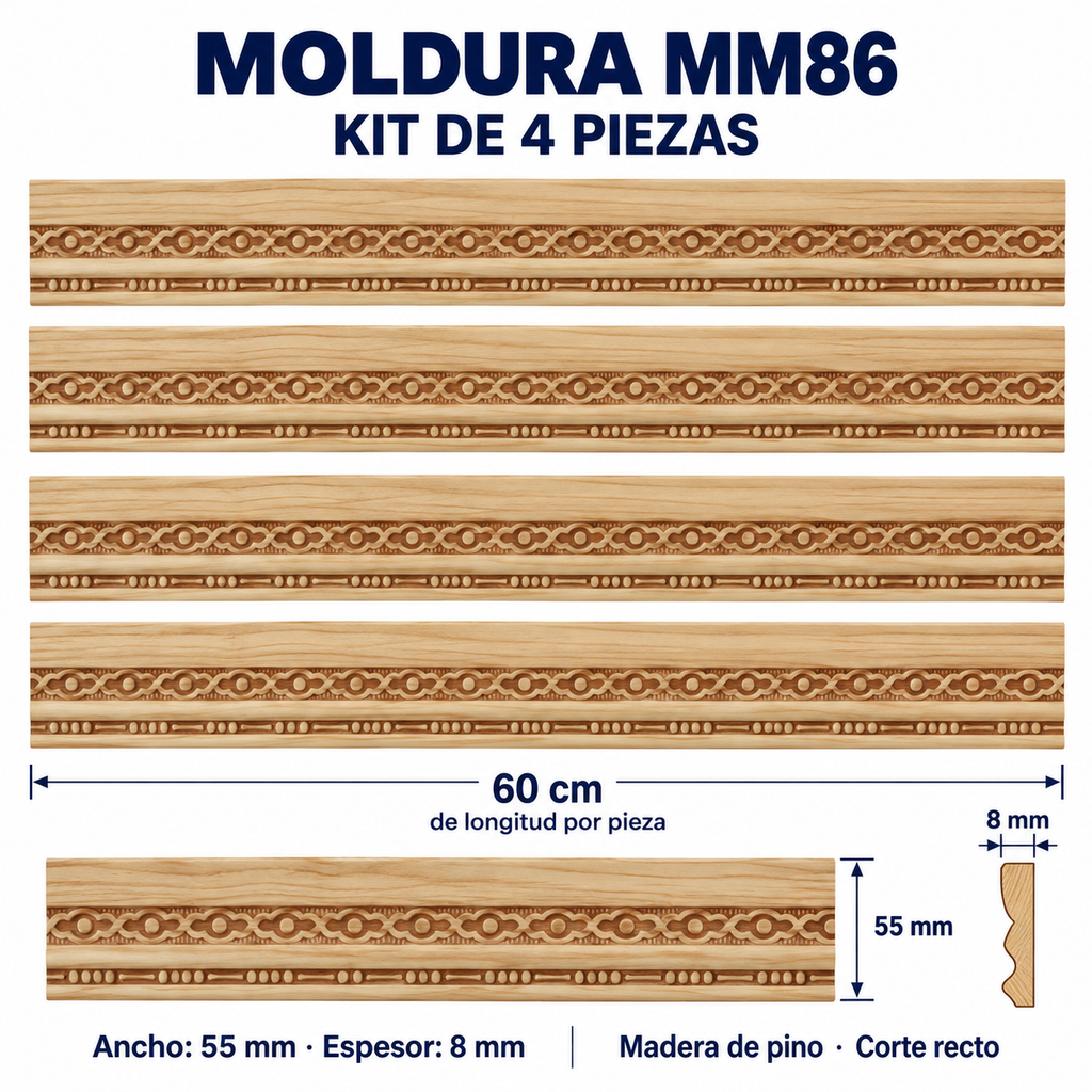 Moldura de madera grabada para mueble MM-86 – Kit de 4 piezas