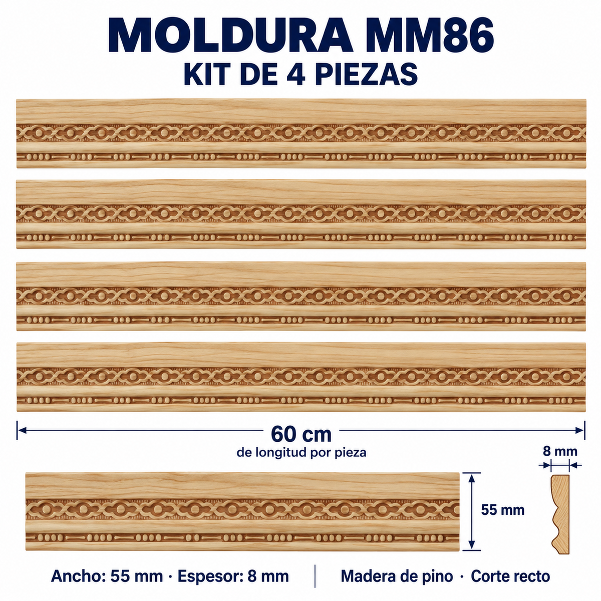 Moldura de madera grabada para mueble MM-86 – Kit de 4 piezas