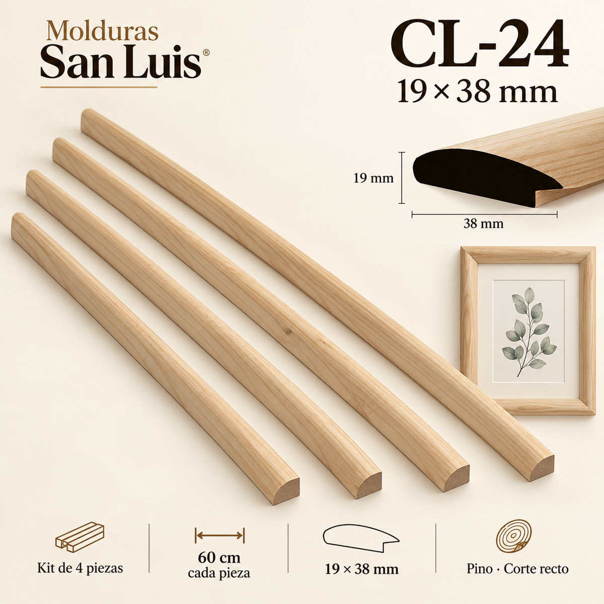 Moldura de madera lisa para marco CL24 – Kit de 4 piezas