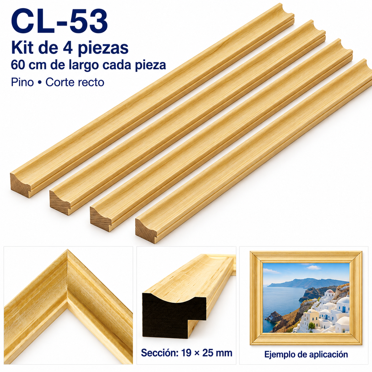 Moldura de madera lisa para marco CL53 – Kit de 4 piezas