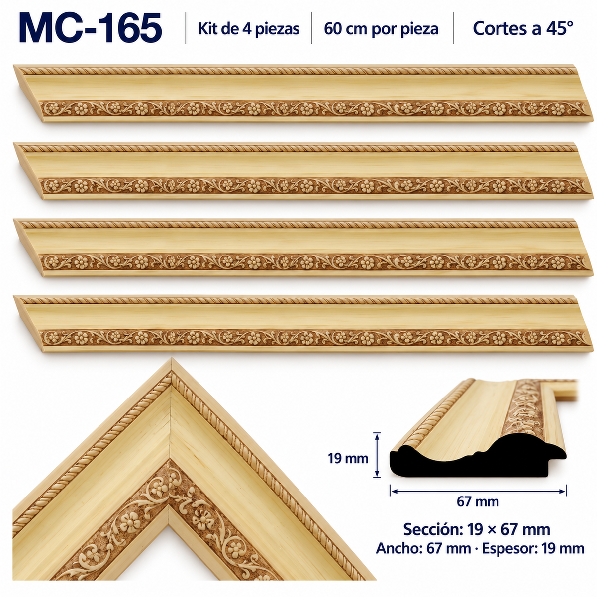 Moldura de madera grabada para marco MC165 – Kit de 4 piezas