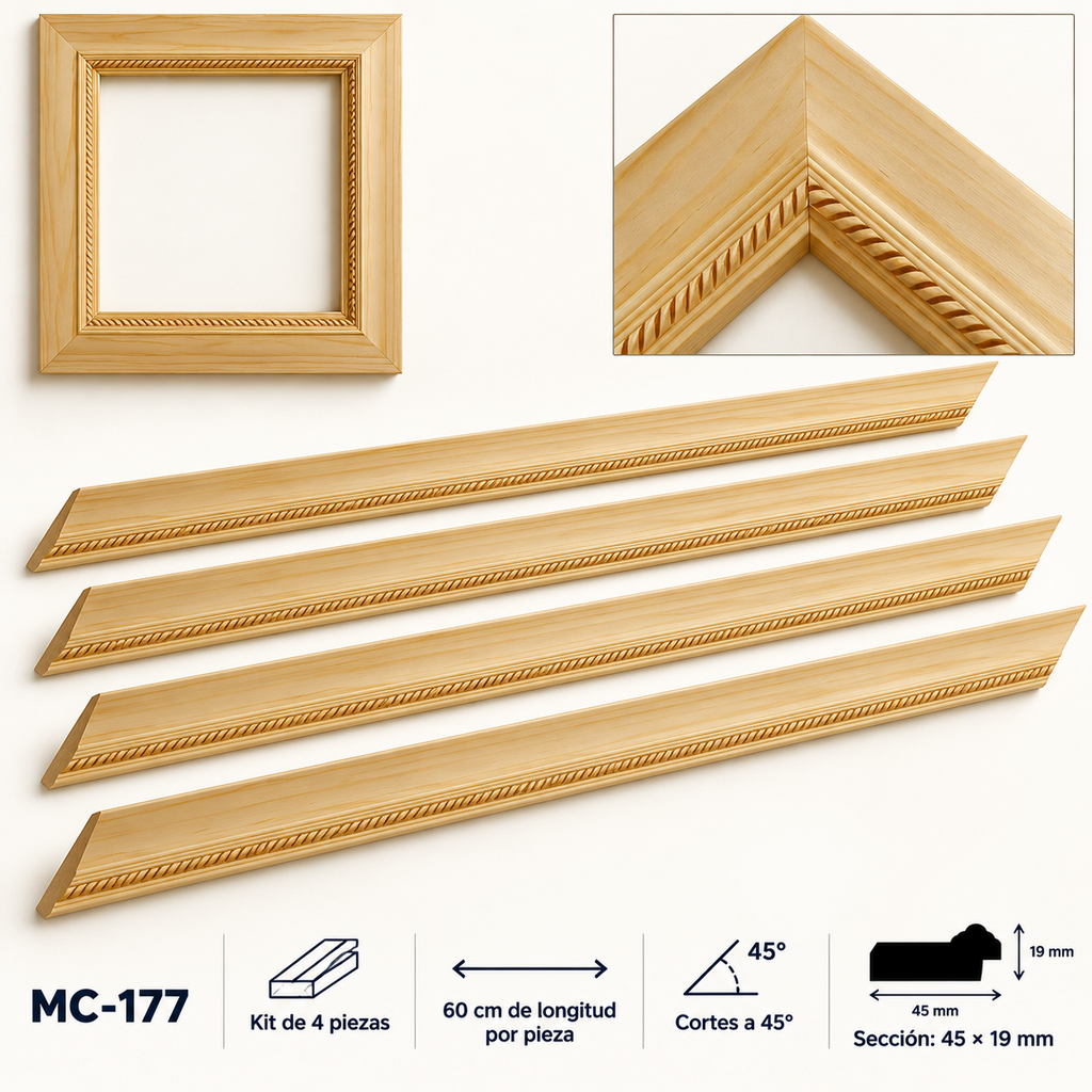Moldura de madera grabada para marco MC177 – Kit de 4 piezas