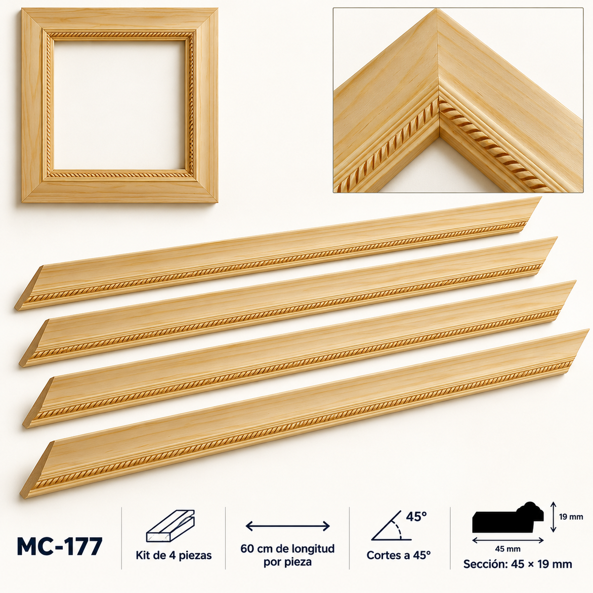 Moldura de madera grabada para marco MC177 – Kit de 4 piezas