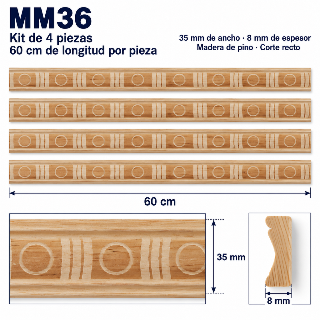Moldura de madera grabada para mueble MM-36 – Kit de 4 piezas