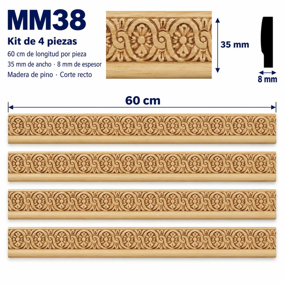 Moldura de madera grabada para mueble MM-38 – Kit de 4 piezas