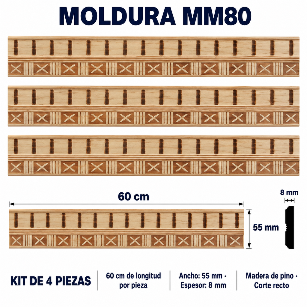 Moldura de madera grabada para mueble MM-80 – Kit de 4 piezas