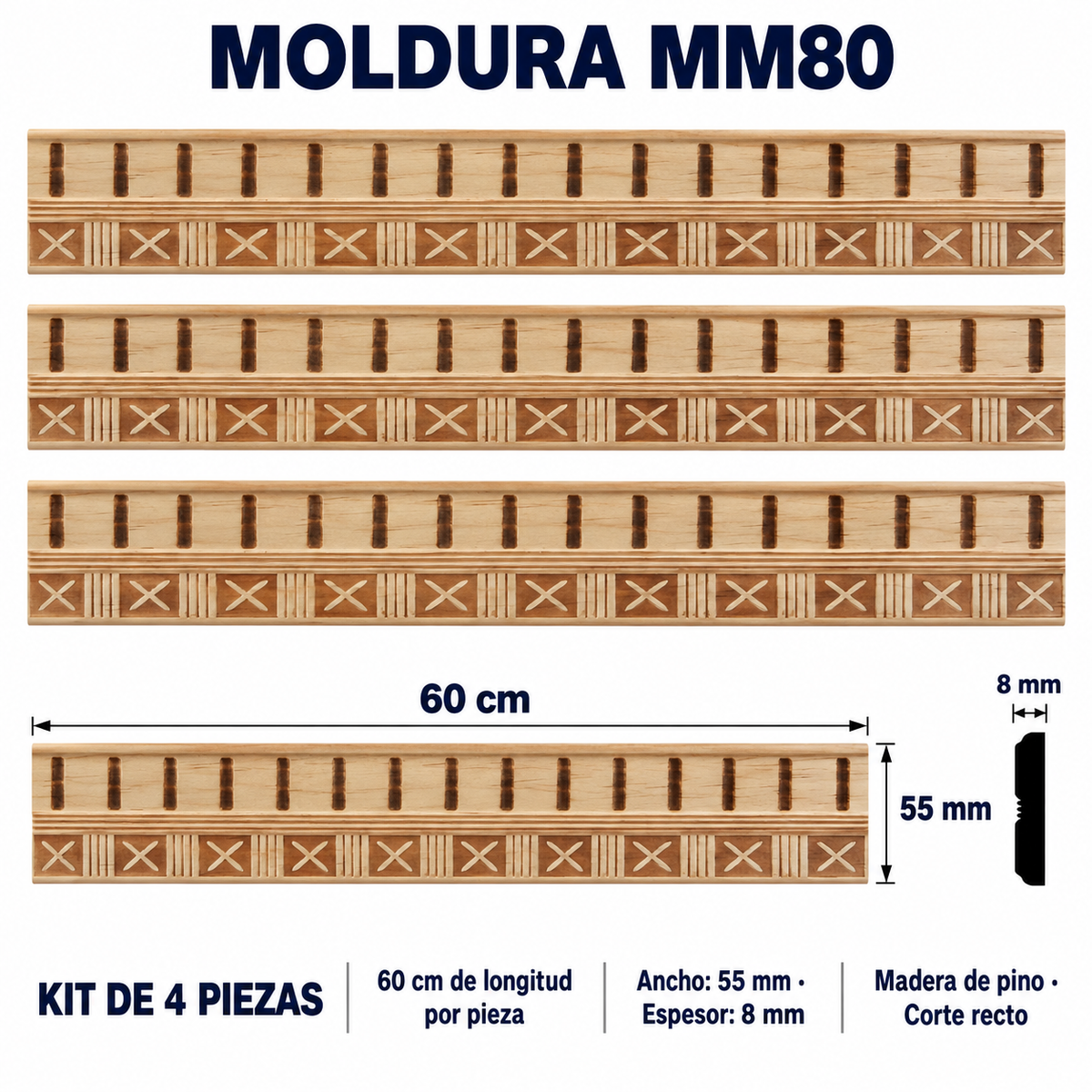 Moldura de madera grabada para mueble MM-80 – Kit de 4 piezas